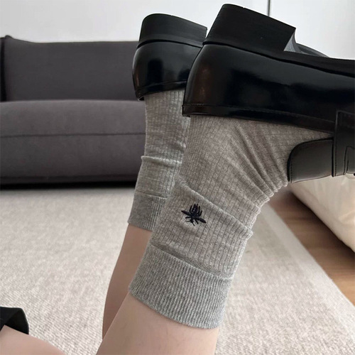 Spring and Autumn Grey Striped Pile Women's Fashion Socks with Bee Embroidery Off-White Short Socks Coffee Brown Mid-Calf Socks
