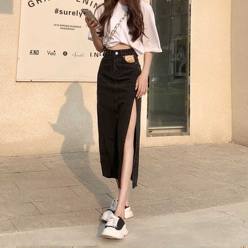 高腰开叉牛仔半身裙女2025新款春秋中长款遮胯a字小个子包臀裙子|undefined