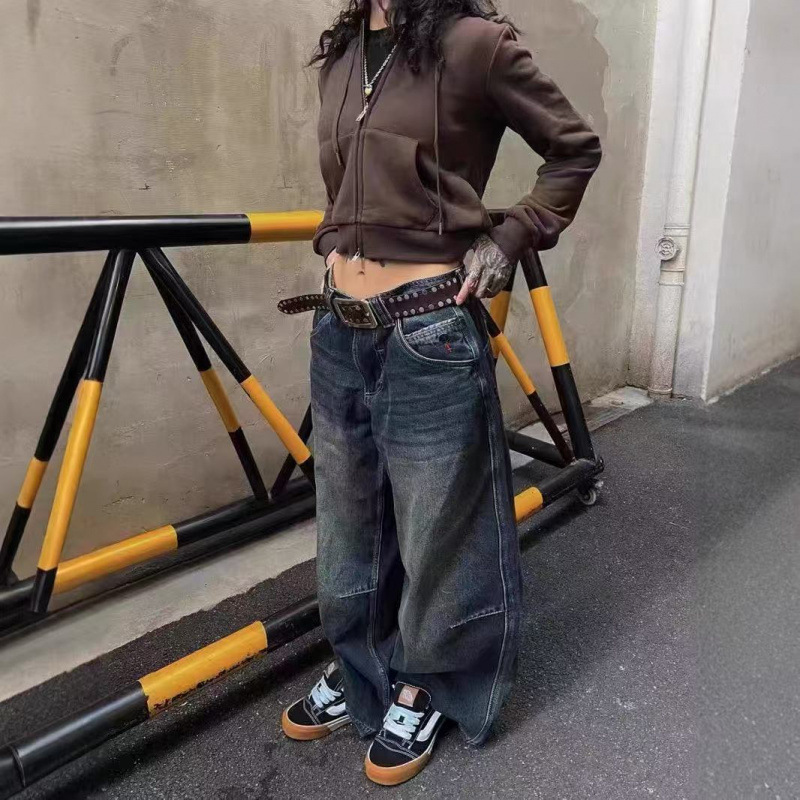 Jaded london Spice Girl Distressed Wash Low Waist Retro Straight Jeans Embroidered Mop Pants