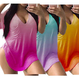 欧美女装亚马逊独立站wish性感渐变性感长款T恤跨境货源