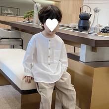 夏季男童长袖衬衫棉麻T恤新款中大童打底衫儿童白色童装韩版洋气