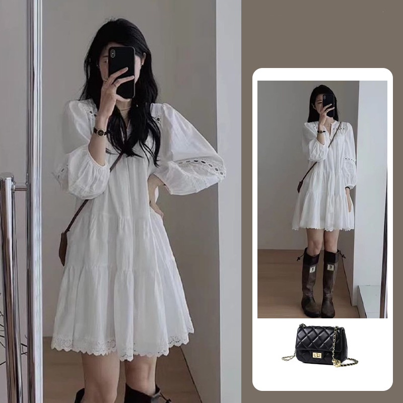 Đầm suông midi tay bồng cổ sơ mi trắng phong cách Pháp — trắng chi tiết 1