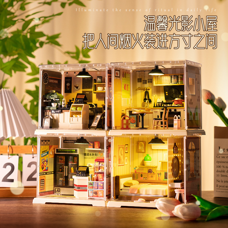 Fun Space DIY Handmade Miniature Scenes Super Miniature Houses Convenience Store Bedroom Kitchen Coffee Shop Toy Gifts