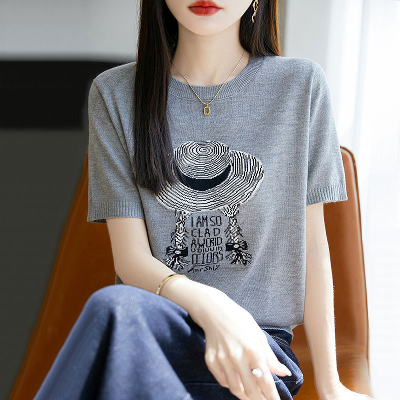 [Factory Direct Supply] Round Neck Tencel Short-sleeved T-shirt Women's Summer New Color-matching Jacquard Age-reducing Ice Silk Shirt Top