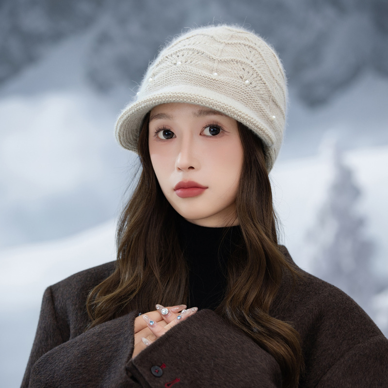 帽子女韩版百搭珍珠加厚针织帽秋冬时尚休闲防风保暖帽高级感盆帽|undefined