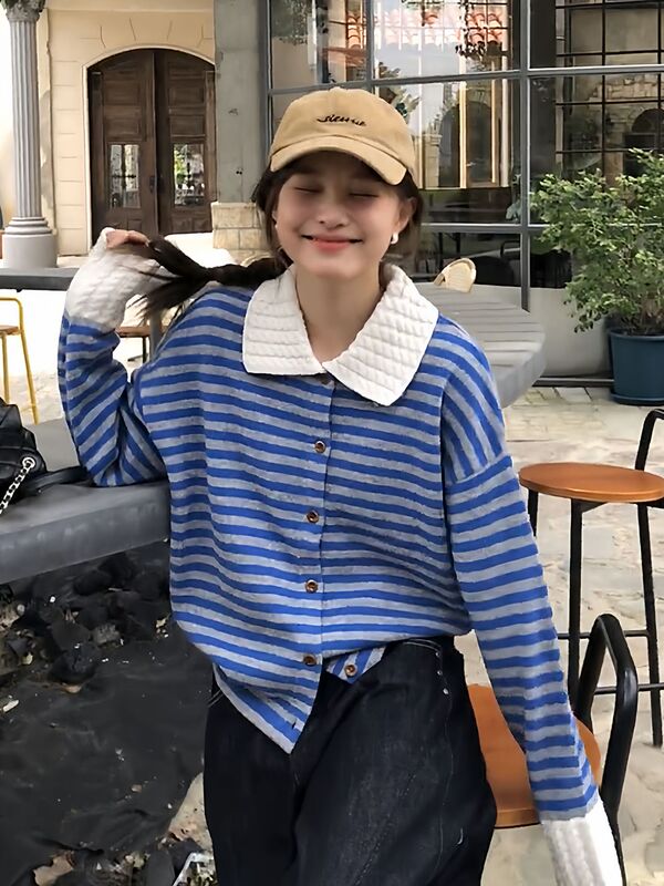 小香风条纹polo领长袖毛衣针织衫女早秋季慵懒松弛感穿搭外套上衣|undefined