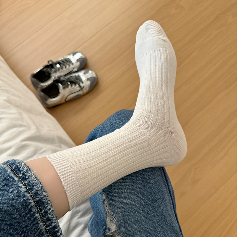 White Grey Socks Women's Mid-tube Socks Spring and Autumn Pure Cotton Stockings Drawstrip Vertical Japanese Stacked Stocking with Small Leather Shoes Trendy White Grey Socks Women's Mid-tube Socks Spring and Autumn Pure Cotton Stockings Drawstrip Vertical Japanese Stacked Stocking with Small Leather Shoes Trendy