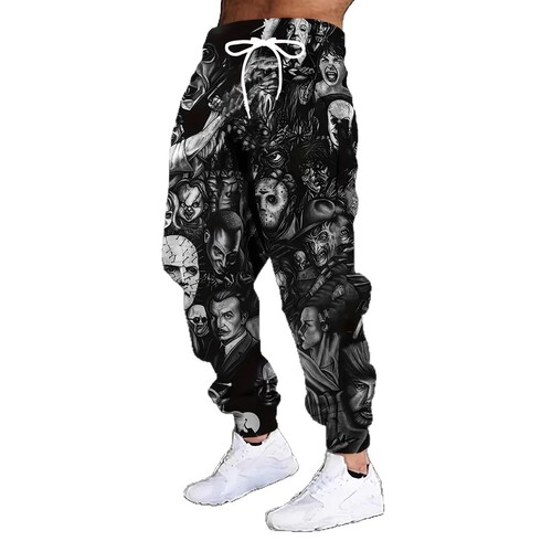 Men's Skull Print Pants Sporty Casual Laced-Up Ankle Guard Pants Loose Harem Pants Running Pants