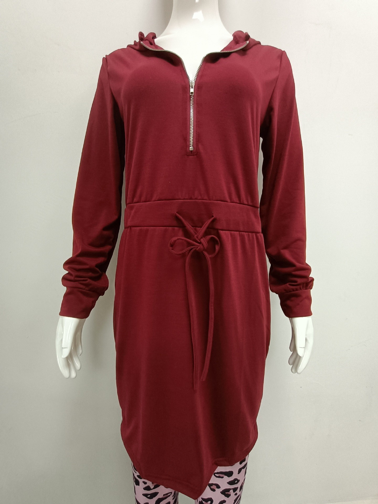 Women's Trendy Solid Color Dress Zip Front Long Sleeve Hoodie Style Waist‑Cinched Casual Daily Wear_ecoleips.com