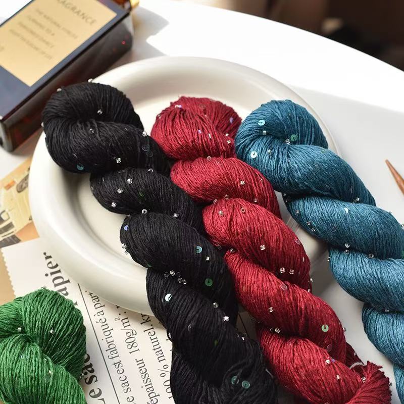 天丝亮片毛线配线七彩珠片线diy夏季真丝棉手编手工围巾编织材料