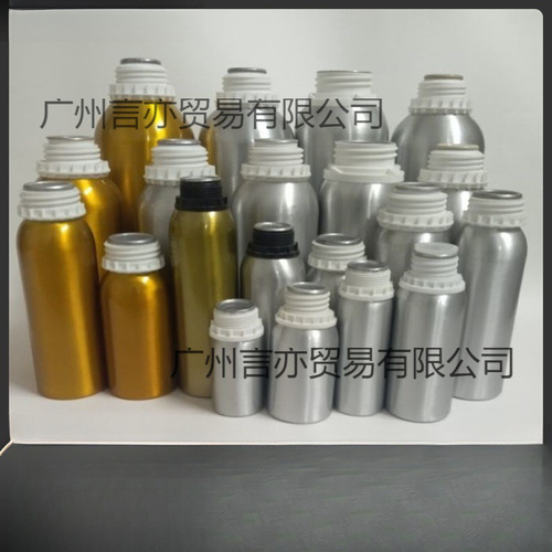 Aluminum bottle for chemical essential oil refilling, 50-1250ml, with silver, gold, and black anti-theft cap, empty bottle, exposed with sealed aluminum canister