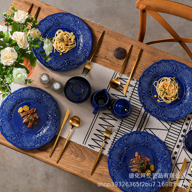 Embossed blue steak plate French Western plate personalized retro style ceramic milk pot sugar pot suit tableware wholesale