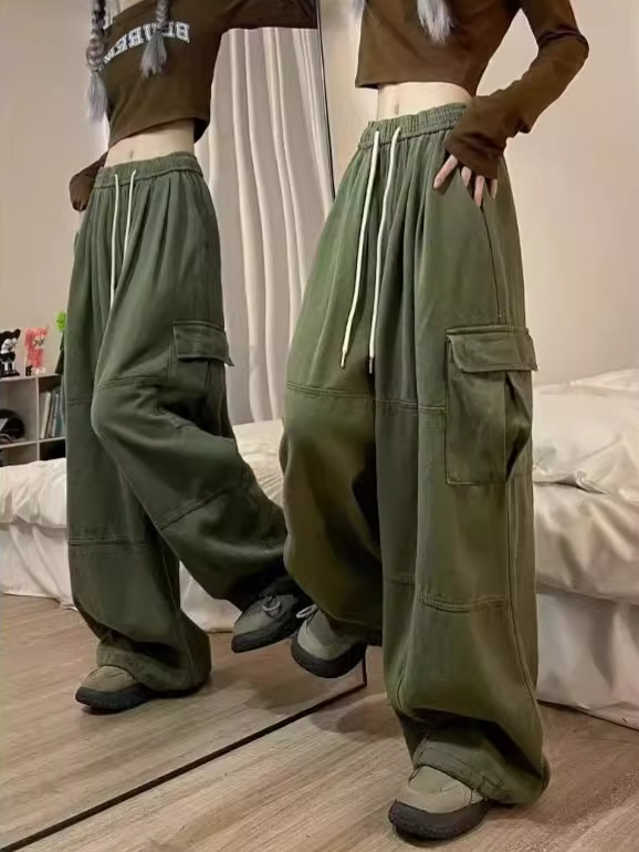 アメリカのレトロなピンクの服装のズボンの女性の春秋のまっすぐな筒のゆったりしている広脚の高い腰はやせているカジュアルなズボンのデニムのズボンの潮を現します。|undefined
