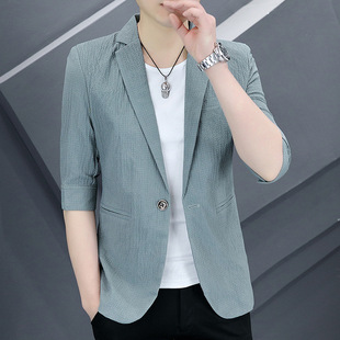 Summer Men's Mid-Sleeve Suit Korean Style Trendy Thin Three-Quarter Sleeve Small Suit Youth Casual British Slim Jacket