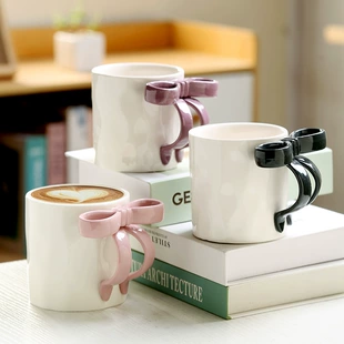 Mug (INS) Bow-Handle Creative Ceramic Cup, 400 ml, with Coaster — Bow / Kiln Finish