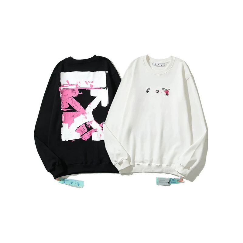 Trendy Brand Off-White Sweatshirt with Irregular Cross Arrows on the Back, Round Neck, and Small Logo on the Chest, Made of Terry Fabric