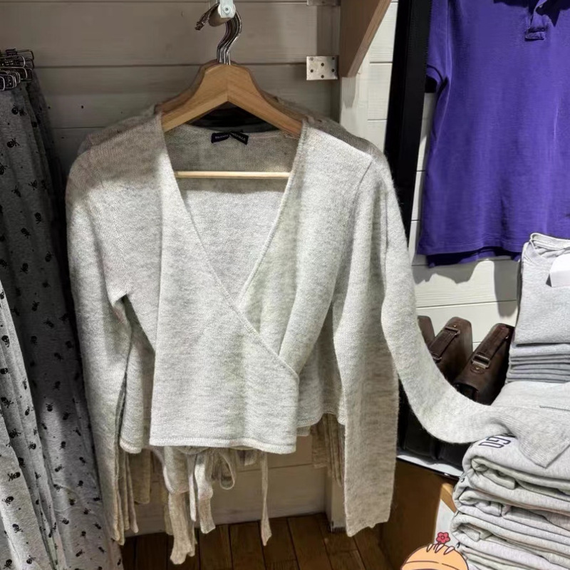 BM-style V-neck knitted one-piece thin strap cardigan women's bm design short wrap lace-up long sleeve top