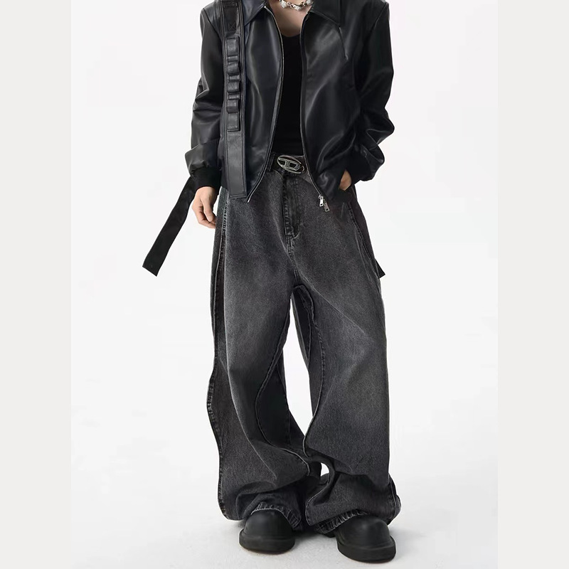 Design Sense Curved Side Jeans Men's and Women's Old Fashionable All-match Casual Wide Leg Long Pants for Men