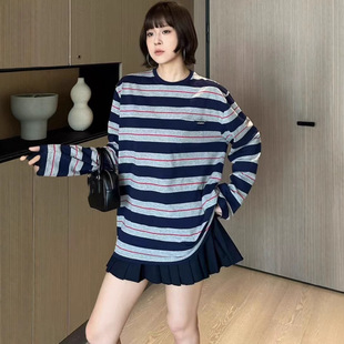 In-Stock mm Brand 25 Summer and Autumn Base Shirt for Women, New Versatile Long-Sleeve Sweatshirt, Women's Striped Cotton T-Shirt