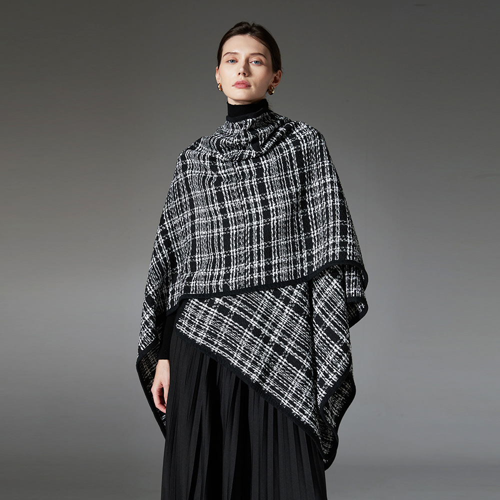 New Black And White Classic Style Plaid Shawl