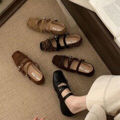 韩版方头蝴蝶结休闲小单鞋女2025秋法式复古浅口铆钉芭蕾鞋