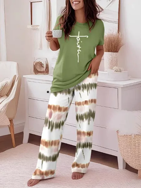 2025 Cross-Border Spring and Summer New Style Comfortable Round Neck Short-Sleeved Casual Striped Printed Wide-Leg Pants Two-Piece Suit