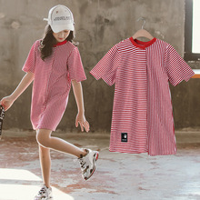 2024夏韩版童裙新款女童连衣裙条纹中大童短袖长款T恤裙一件代发