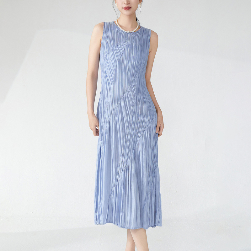 Miyake sleeveless dress with a high-end feel, irregular pleated patchwork skirt, new summer mid-length pleated skirt for women Miyake sleeveless dress with a high-end feel, irregular pleated patchwork skirt, new summer mid-length pleated skirt for women