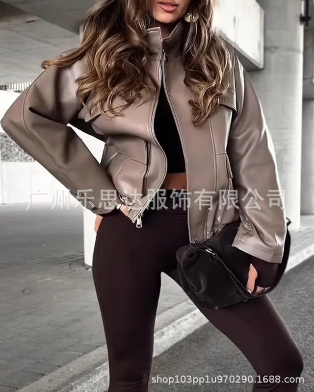 欧美跨境女装亚马逊独立站美式复古翻领气质休闲皮夹克皮衣外套女|undefined