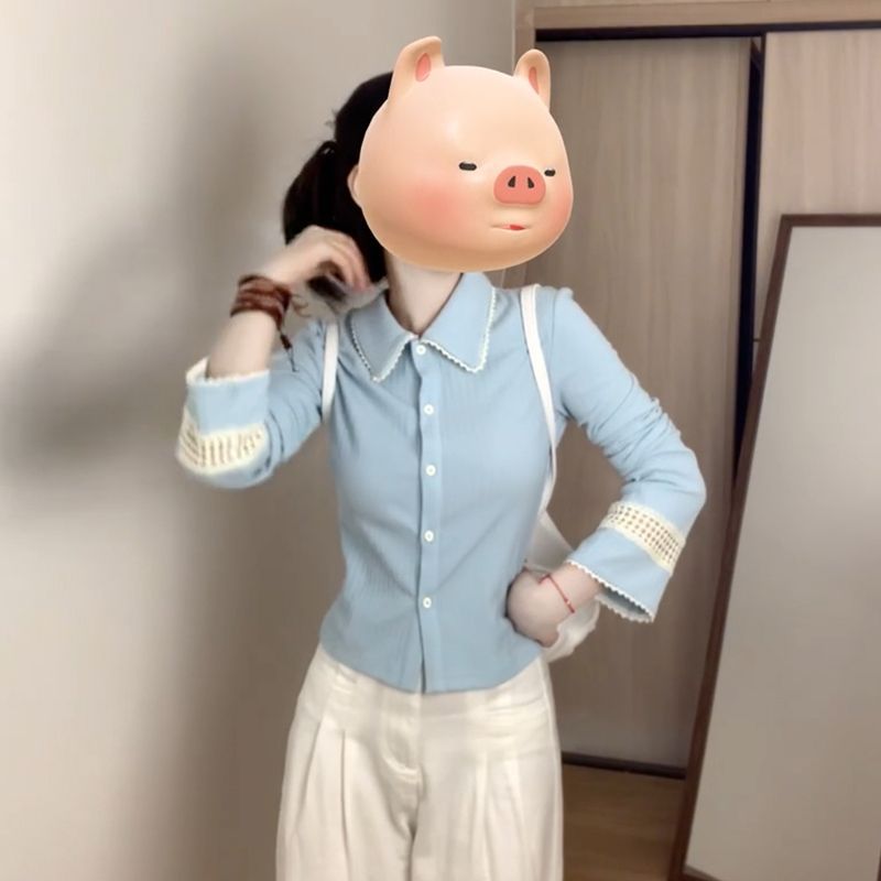 春秋大码韩系浅蓝色POLO领设计感针织衫女2025新款长袖修身上衣|undefined