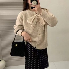 蕾丝蝴蝶结系带针织开衫女韩系秋冬季新款洋气爱心扣圆领毛衣外套