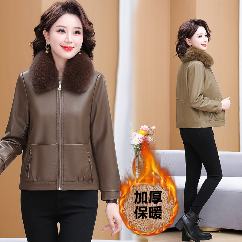 妈妈PU皮衣外套小个子短款夹克毛领加绒加厚保暖皮衣中年女装棉衣