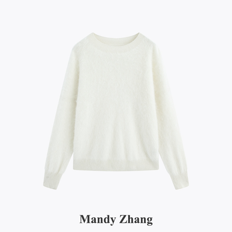 MandyZhang极简风软糯羊毛羊绒白色针织衫女冬季慵懒圆领套头毛衣|undefined