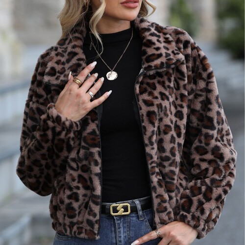 Flashy Wool 2025 Women's European and American Autumn/Winter Loose Zipper Long Sleeve Leopard Print Plush Coat