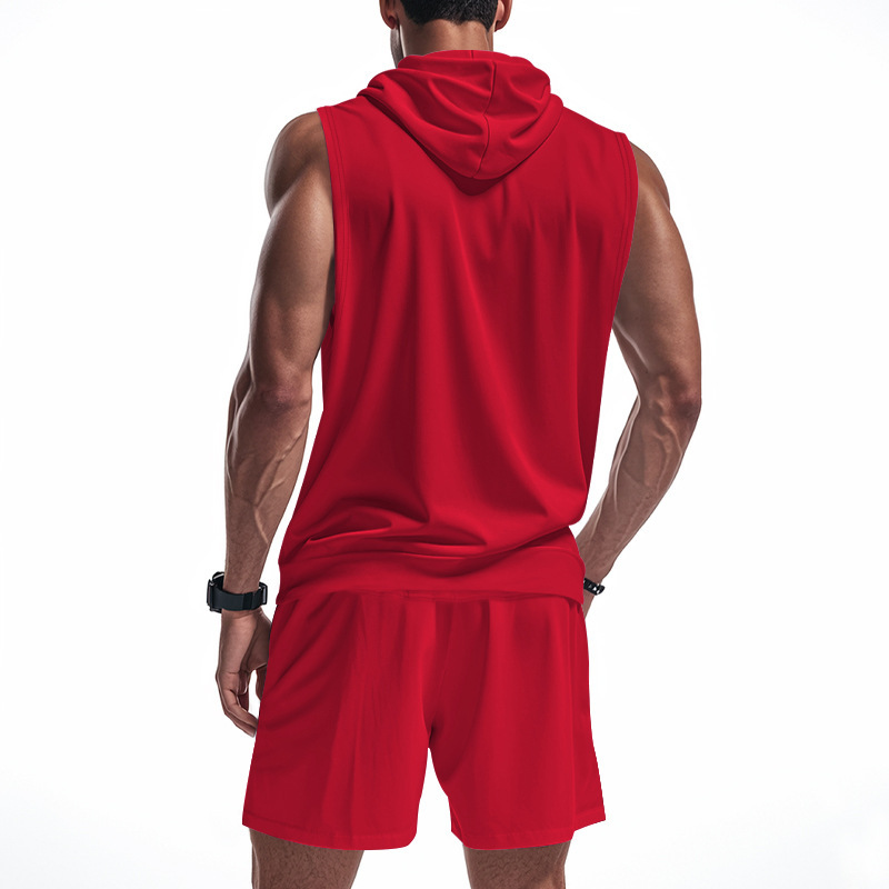 Men's Zip-Front Sleeveless Hoodie And Shorts Set Lightweight Athletic Gym Wear for Summer Workouts And Casual Street Style_viptrois.com