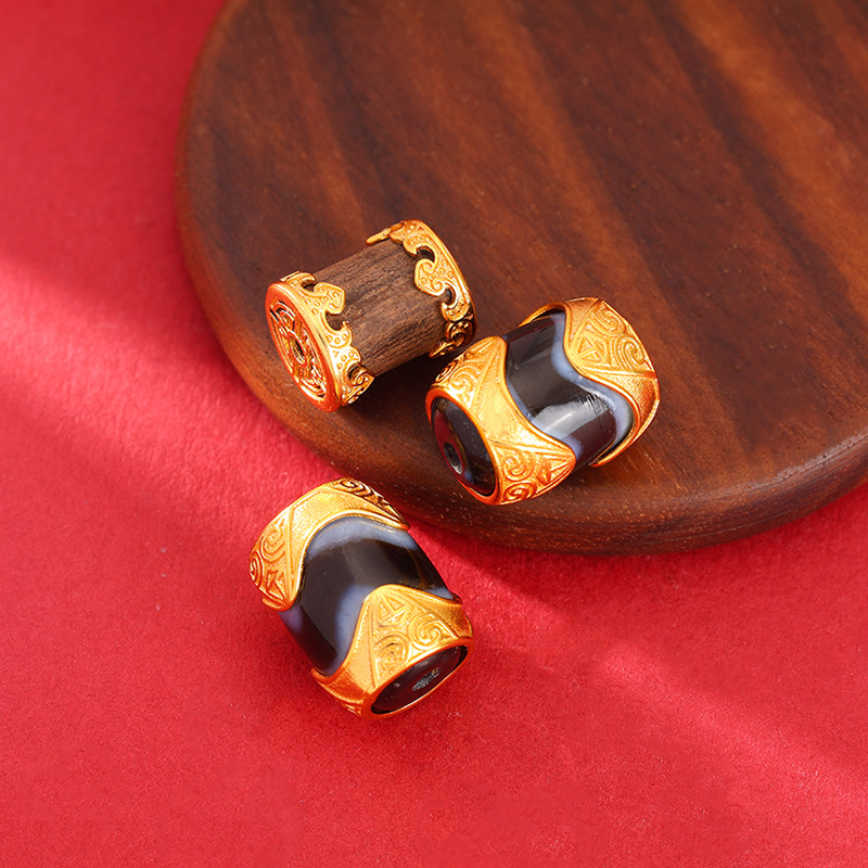 24K Gold-Plated Copper Inlaid with Agarwood Dzi Beads, Barrel Beads, Spacer Beads, DIY Bracelet Round Beads, Fortune Beads, Waist Beads, Jewelry Accessories