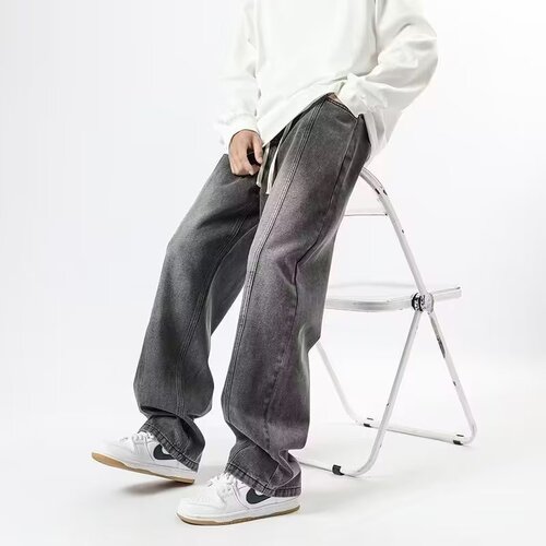 Wide-leg jeans with drawstring adjustable waist, American retro style men's jeans