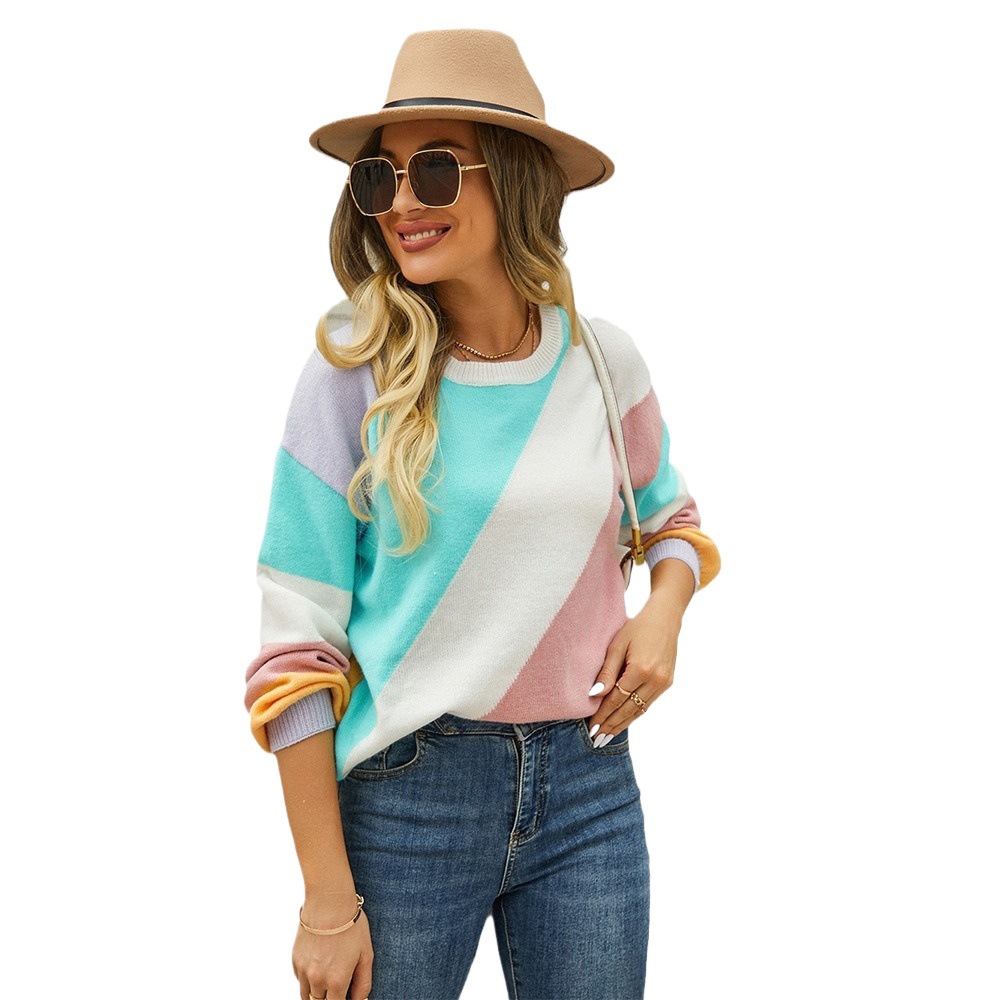 2023 otoño e invierno nuevo europeo y americano Amazon suéter transfronterizo Comercio exterior rayas costura moda cuello redondo INS suéter para las mujeres