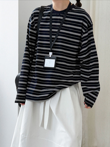 Luxi Retro Color-Block Striped Loose Simple Long-Sleeved T-Shirt for Women, New Autumn Round-Neck Base Layer Top 2031