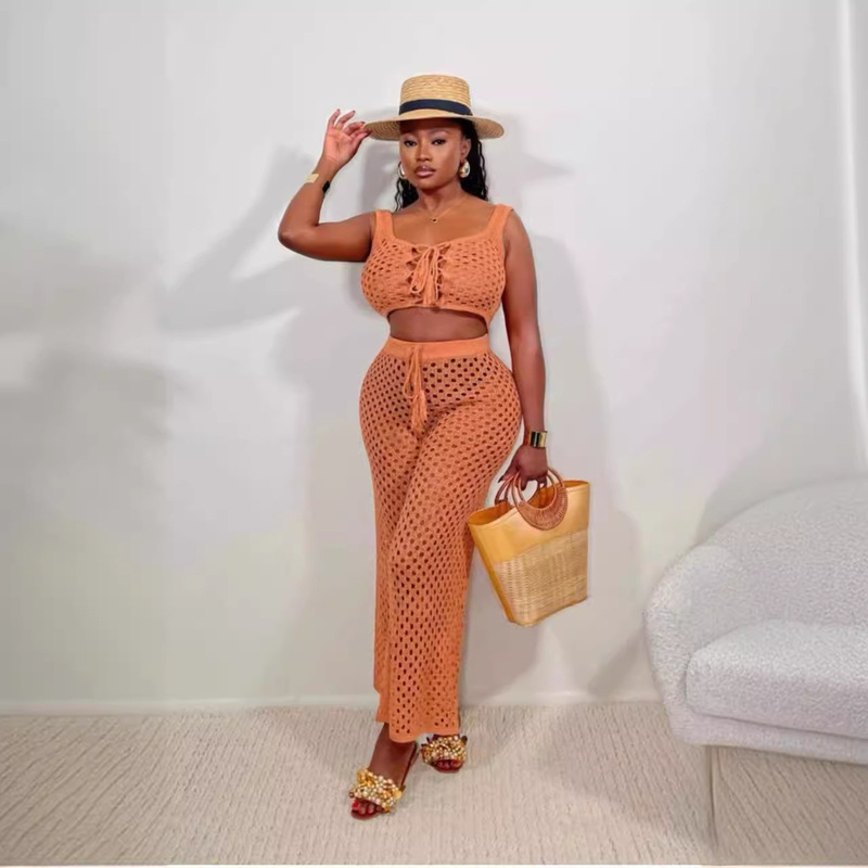 European and American Cross-border 2024 Summer Women's New Tether Mesh Vest Top Hip Casual Knitted Pants suit