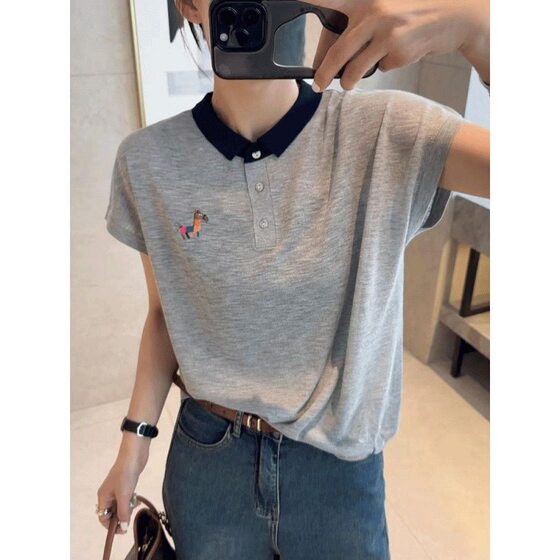 Polo Collar Striped Thin Ice Silk Knitted Sweater Women's Summer Loose Slimming Fresh Style Knitted Short-sleeved T-shirt Top