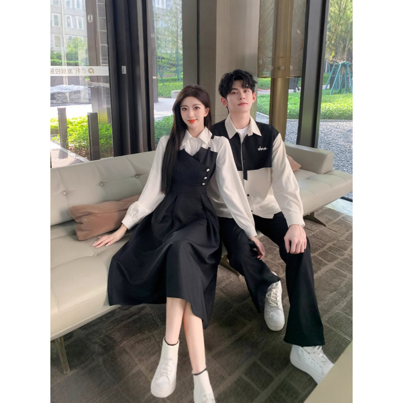Fashionable Couple Outfits for Summer, Two-Piece Spliced Design, New Spring and Autumn Style, Slimming and Elegant Long Dress for Teacher Qualification Interview