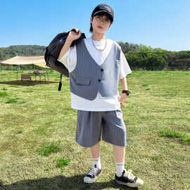 男童夏装套装2026新款中大童夏季男孩演出服儿童西装马甲假两件潮