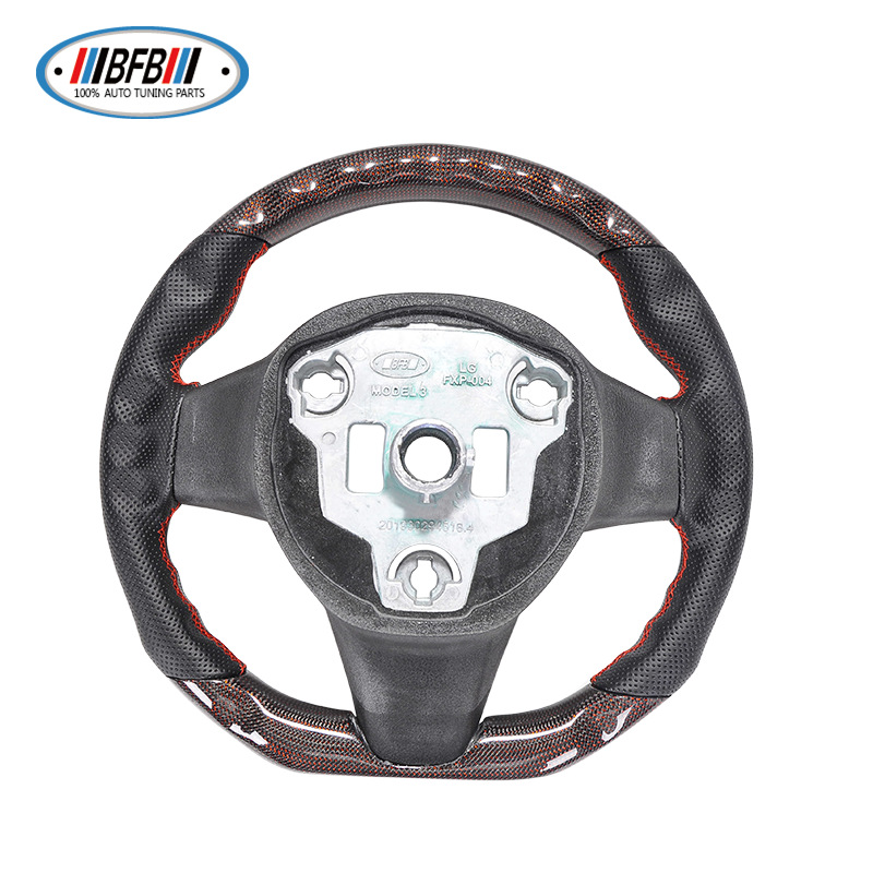 100% Real Carbon Fiber Red Glossy Black Perforated Steering Wheel Cover - For Tesla Model 3 Y - Red Leather Stitching Modification