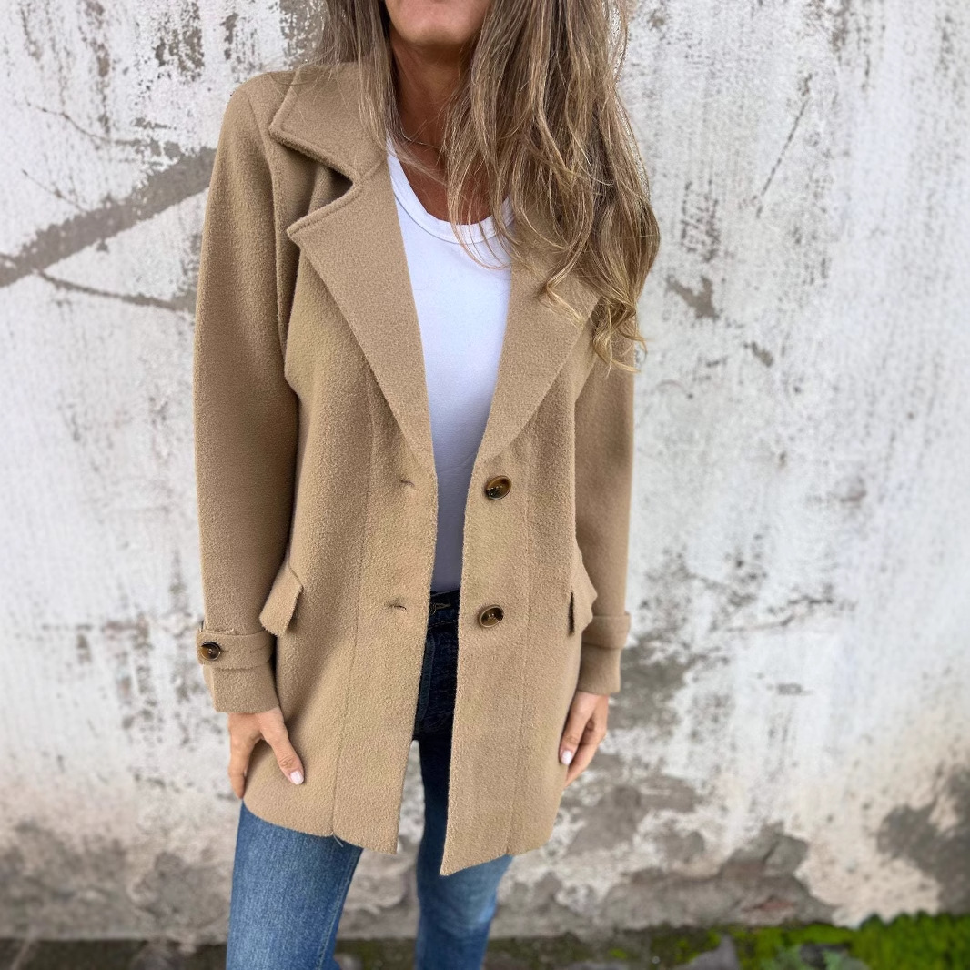 Autumn/Winter Women's Woolen Coat With Loose Collar, Fake Pockets, And Cardigan Style_ecoleips.com