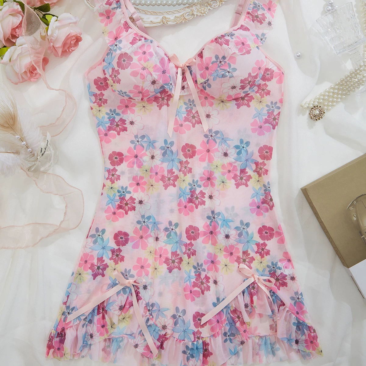 Брендовое нижнее белье, платье-комбинация, импортное, европейский стиль, интернет-знаменитость, в цветочек