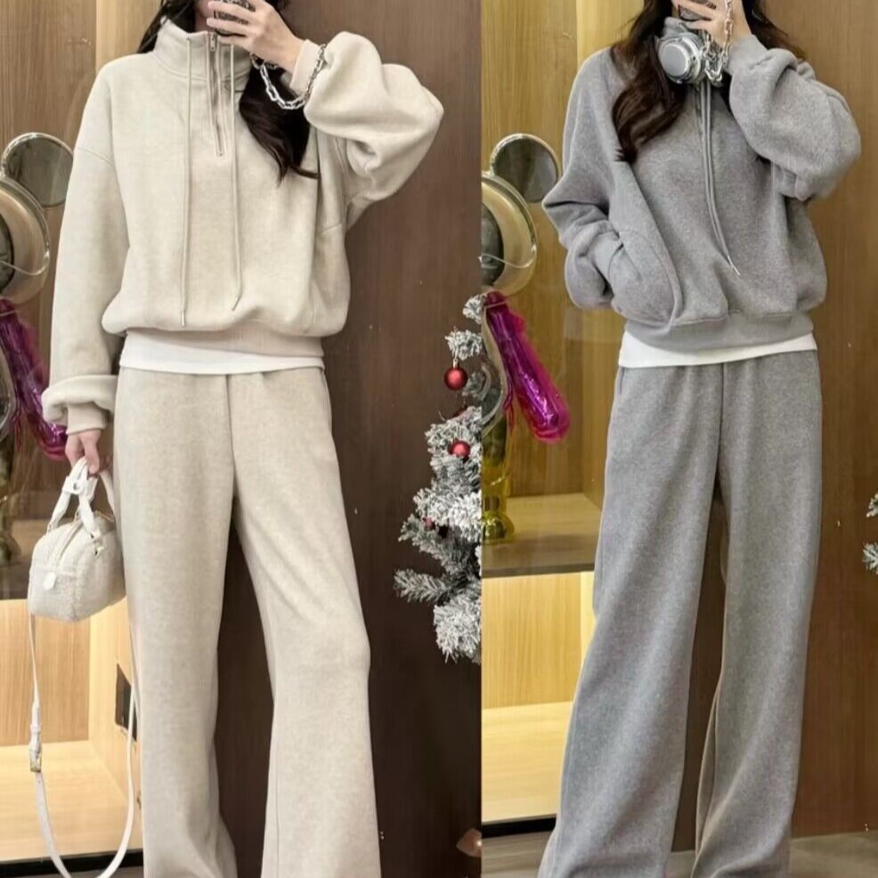 Felpa da donna ActiveGo, stile europeo, autunno inverno, alla moda, casual, pantaloni larghi, foderati in pile, due pezzi sportivi_voghion.com