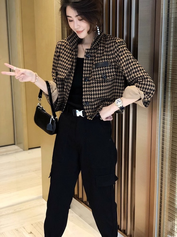 千鸟格短款外套女2025年秋装新款时尚小个子长袖夹克洋气休闲上衣|undefined