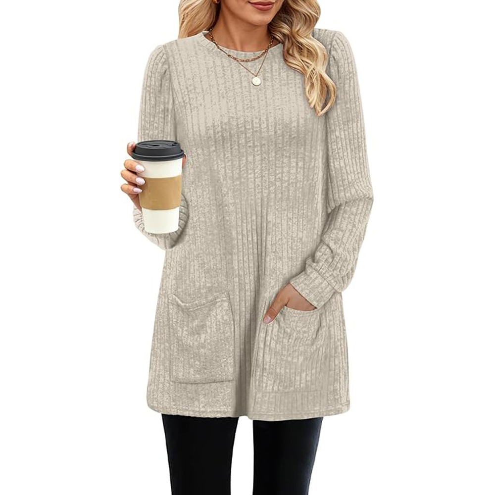 2023 transfronteriza europea y americana de otoño e invierno nueva oferta de mediados de longitud suéter cuello redondo pit color sólido bolsillo Camisa larga para las mujeres