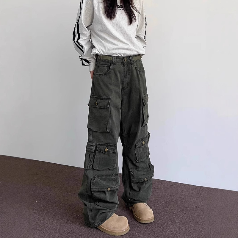 Trendy Brand Wash Water Denim Heavy Industry Cute Pants Men's and Women's American-style Functional Pocket Tactical Pants Outdoor Sports Straight Pants Trendy Brand Wash Water Denim Heavy Industry Cute Pants Men's and Women's American-style Functional Pocket Tactical Pants Outdoor Sports Straight Pants